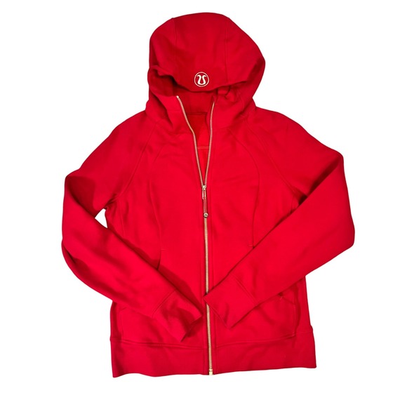 Lululemon Red Gold Scuba Jacket Hoodie Full Zip Thumbholes Womens Medium - Picture 1 of 16